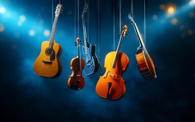 Fototapeta premium Artistic Shot of Musical Instruments Suspended in Midair with Blue Lights
