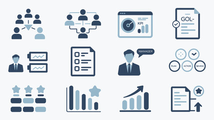 collection of business performance icons for ranking corporate growth, featuring diverse development symbols for success levels and financial progress status.