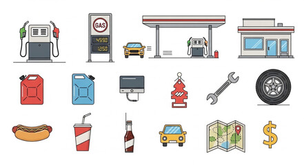 Collection of gas station and related items, perfect for automotive and travel themes. © Yanto