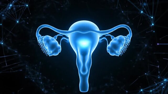 3D-animation of human female reproductive system with uterus and ovaries on dark background with glowing plexus network, concept of women health and medical technology atmosphere