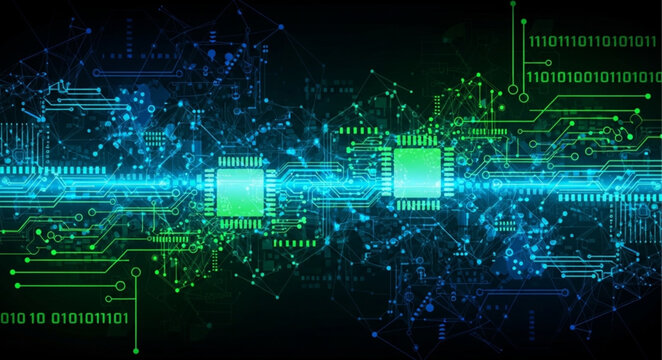 Digital circuit board with glowing microchips and data streams.