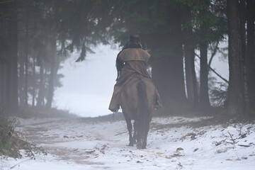 Fototapeta premium Mystischer Reiter im dunklen Mantel und Vogelmaske auf dunklem Pferd auf einem tunnelartigen Weg im winterlichen Wald