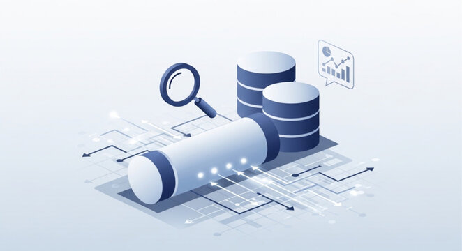Data analysis and database management concept isometric illustration.