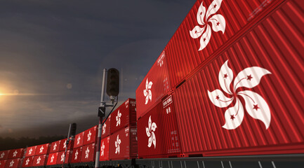 Hong Kong export containers on cargo train wagons illustration
