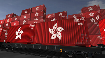 Hong Kong export containers on cargo train wagons illustration