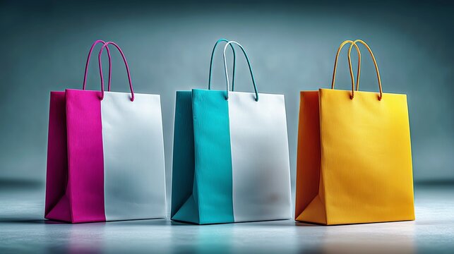 Three colorful paper shopping bags pink teal and yellow on floor.

