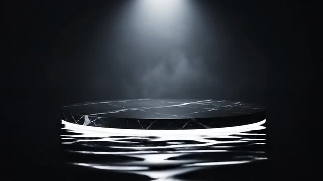 A dark marble round podium is illuminated by a bright spotlight, creating a dramatic effect on