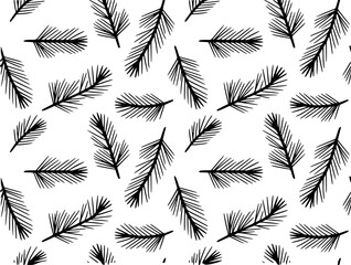 Black pine needles scattered a white background seamless pattern branch christmas © Ripa_Moni