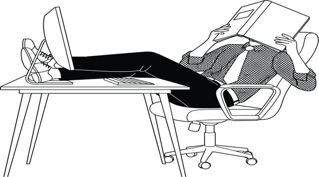 Line Art Illustration of Professional Person Relaxing at Desk with Feet on Monitor and Book Over Face