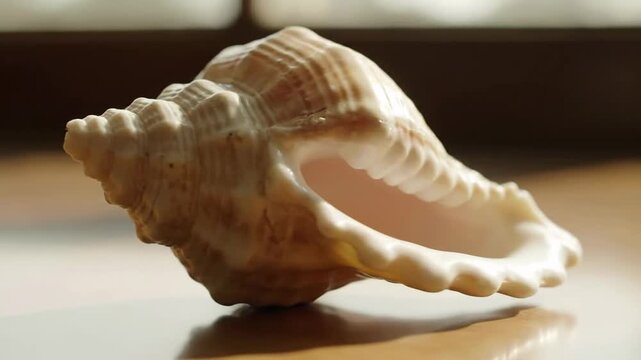 A natural seashell sits illuminated by sunlight