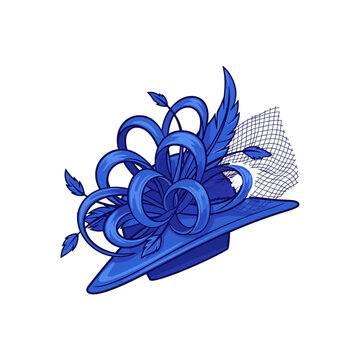 Elegant blue floral fascinator hat with intricate lace detailing and decorative curls