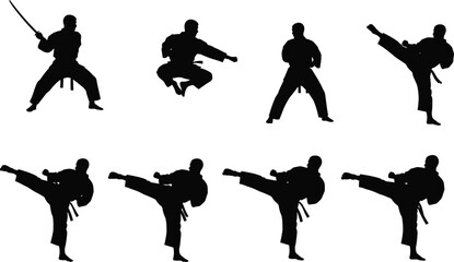 Martial arts karate fighter silhouettes collection with dynamic kicking poses vector illustration isolated on white background action set © Mamun
