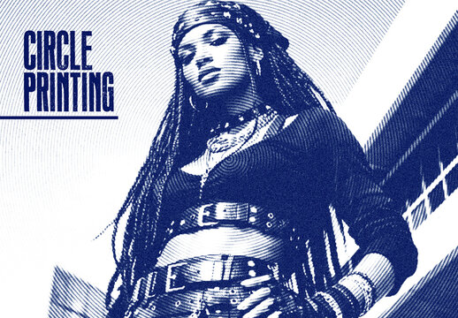 Circular Blue Halftone Printing Photo Effect