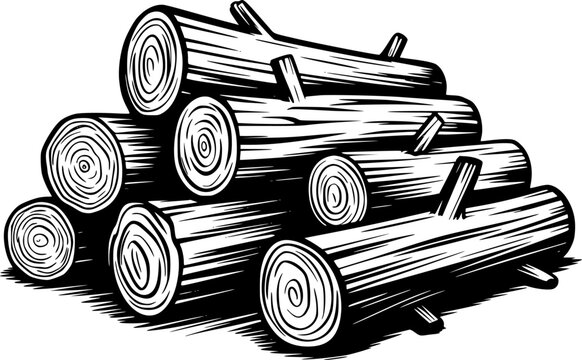 Stacked Black and White Wood Logs with Visible Grain and Knots White Background timber