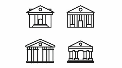 Fototapeta premium Four black line art illustrations of buildings with triangular roofs and columns