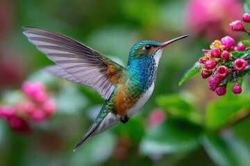 Fototapeta premium Hummingbird hovers near pink flowers in lush garden