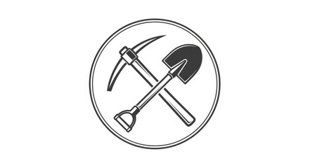 Illustration of a pickaxe and shovel crossed inside a circle, representing mining. © Ares