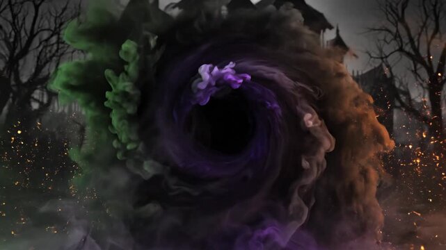Mysterious swirling vortex of smoke and mist with spooky silhouettes of haunted houses and trees against a dark cloudy sky, conveying a sense of mystery and Halloween