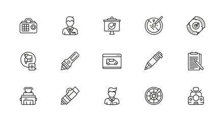 Collection of various line art icons representing different professions and objects.