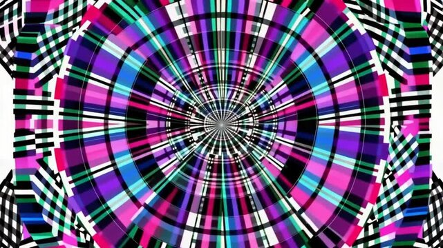A vibrant, multicolored plaid pattern radiates outward from the center, creating a dynamic and symmetrical design