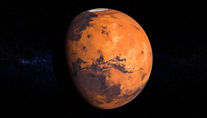 Planet Mars with Reddish Surface, Craters, Valleys, and Polar Ice Cap in Space