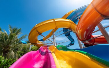 Colorful Multilane Water Slide with Ascending Tubes Under Clear Sky