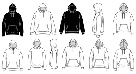 Collection of Hooded Sweatshirts Flat Fashion Technical Drawings in Various Views, isolated white background © Joyo