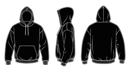 Black Hooded Sweatshirt Flat Fashion Technical Drawing with Front, Side, and Back Views, isolated white background © Joyo