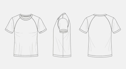 Raglan Short Sleeve T-Shirt Flat Sketch Outline Drawing, Front, Side, and Back Views, in Bright Studio