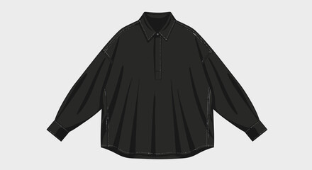 Black Long Sleeve Button Up Shirt Flat Sketch, Front View, Isolated Light Gray Background