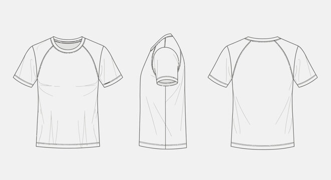 Raglan Short Sleeve T-Shirt Flat Sketch Outline Drawing, Front, Side, and Back Views, in Bright Studio
