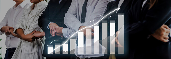A professional team stands united, showcasing confidence and teamwork, while a dynamic business graph overlay symbolizes growth and success in the corporate world. Axiom © InfiniteFlow