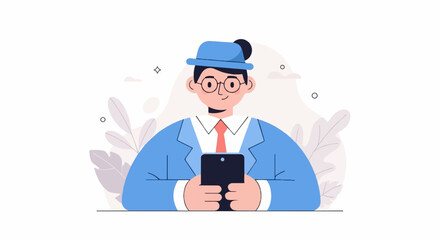 Fototapeta premium A person in a blue suit and hat looks at their phone with a smile