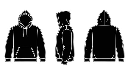 Black Hoodie Technical Fashion Sketch with Front, Side, and Back Views, isolated white background. © Joyo