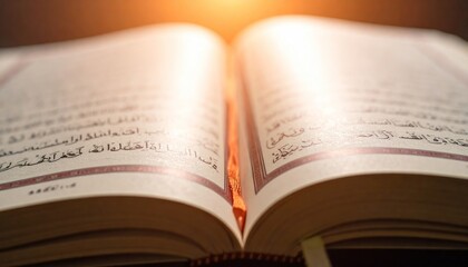 Fototapeta premium Open Quran book with Arabic script and golden light.