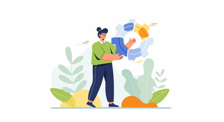 Person holding a gear, surrounded by plants and abstract shapes