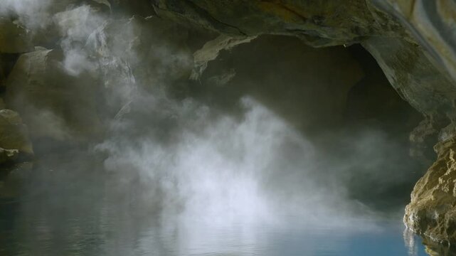 White steam rising from a natural thermal hot spring inside the volcanic Grjotagja cave in Iceland