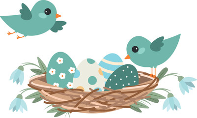 Obraz premium Cute Easter birds with eggs in nest. Spring vector illustration