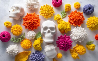 Obraz premium Vibrant 3D Clay Skulls and Flowers for Day of the Dead Altars