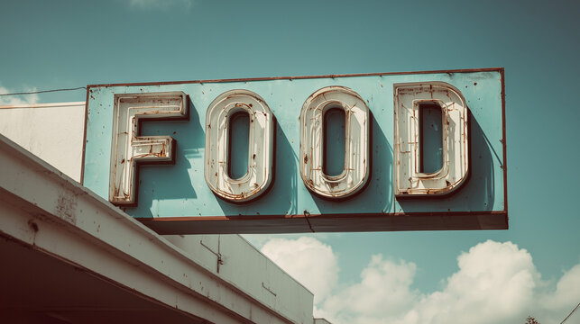Vintage food sign with neon letters against a cloudy sky  