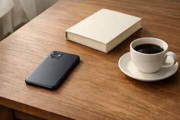 Smartphone Book And Coffee Cup On Wooden Table