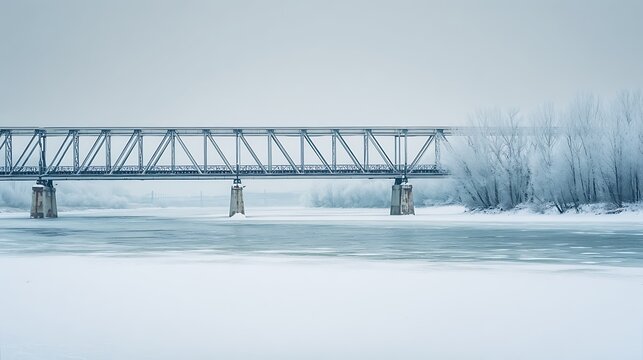 Icy river landscape with steel truss bridge in winter, frosted trees
