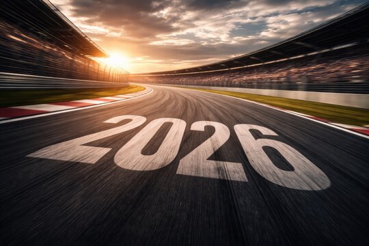 The Year 2026 Painted on a Racing Track at Sunset