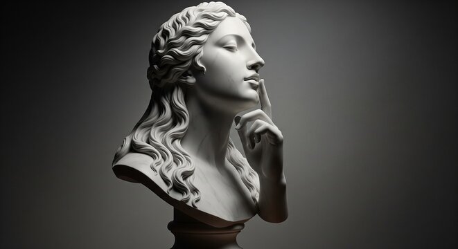 A marble bust of a woman with flowing hair on a pedestal viewed from the side