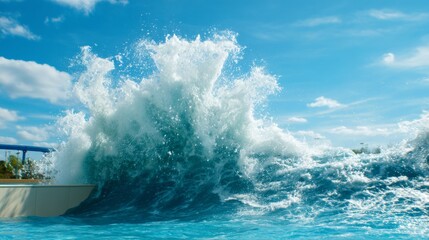Obraz premium Simulated Ocean Pool Waves Crashing Under Bright Daytime Sky with Calm Waters