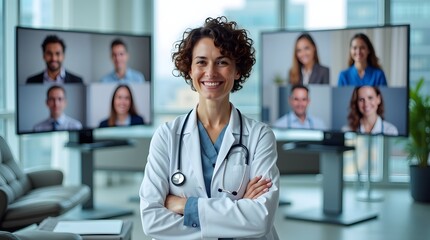Fototapeta premium A confident female doctor with curly hair stands before multiple screens, connecting with virtual patients in a modern telehealth setting.