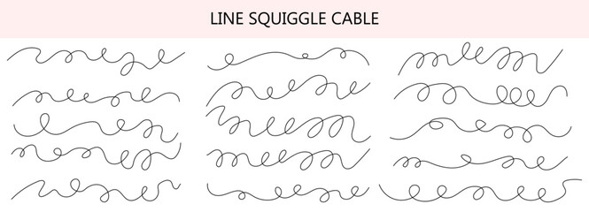Abstract thin drawing set with a wavy line and long cable curve, curvy squiggles and swirls for a doodle graphic. Horizontal curly and loopy black lines, drawn in a simple wiggly sketch