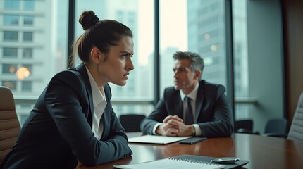 Obraz premium Intense discussion between a focused woman and a contemplative man in a modern office setting.