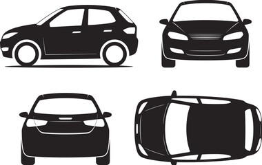 Obraz premium Black car silhouettes from side, front, back, and top view isolated on white background, modern hatchback vehicle technical blueprint vector.