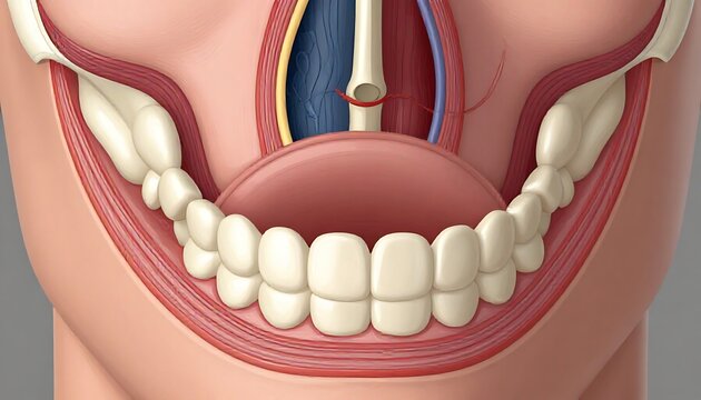 Detailed anatomical illustration of a human mouth and dental structure